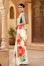 Load image into Gallery viewer, Satin Silk Floral Printed Saree with Unstitched Blouse(White)