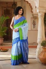 Load image into Gallery viewer, Mulmul Cotton Printed Pocket Saree With Unstitched Blouse(Sky Blue)