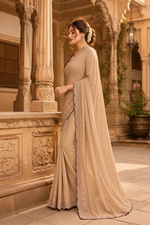 Load image into Gallery viewer, Georgette Border Embroidery Work Designer Saree With Unstitched Blouse(Beige)