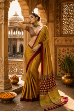 Load image into Gallery viewer, Satin Ajrakh Printed Saree With Unstitched Blouse(Yellow)
