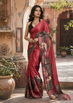 Load image into Gallery viewer, Premium Satin Silk Printed Saree With Unstitched Blouse(Red)