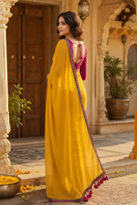 Load image into Gallery viewer, Georgette Lace Border Saree With Unstitched Blouse(Mustard)