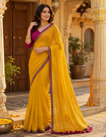 Load image into Gallery viewer, Georgette Lace Border Saree With Unstitched Blouse(Mustard)