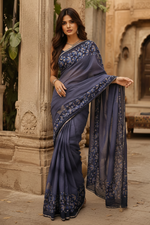 Load image into Gallery viewer, Premium Georgette Floral Print Saree With Unstitched Blouse(Navy Blue)