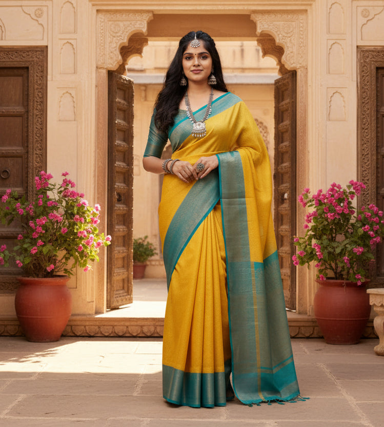 Women's litchi silk printed saree with unstitched blouse (yellow) kashvii