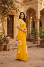 Load image into Gallery viewer, Cotton Block Flower Print Saree With Unstitched Blouse(Yellow)