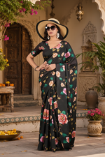 Load image into Gallery viewer, Soft Georgette Satin Floral Printed Saree With Unstitched Blouse(Black)