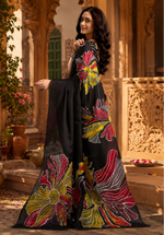 Load image into Gallery viewer, Satin Ajrakh print saree With Unstitched Blouse(Black)