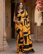 Load image into Gallery viewer, Satin Silk Printed Saree With Unstitched Blouse(Mustard)