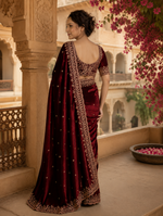 Load image into Gallery viewer, Satin Silk Embroidery Work Saree With Unstitched Blouse(Wine)