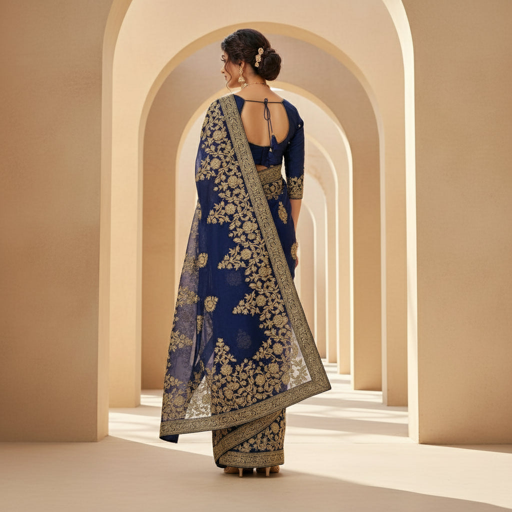 Women's net saree with blouse (navy blue, 5 6mtrs) kashvii