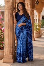 Load image into Gallery viewer, Pure Mulmul Cotton Printed Saree With Unstitched Blouse(Blue)