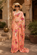 Load image into Gallery viewer, Satin Silk Printed Saree with Unstitched Blouse(Orange)