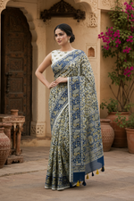 Load image into Gallery viewer, Mulberry Ikat Silk Printed Saree With Unstitched Blouse(Grey)