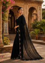 Load image into Gallery viewer, Georgette Saree With Unstitched Blouse(Black)