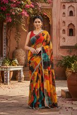 Load image into Gallery viewer, Trendy Multi-Color Abstract Print Georgette Saree with Designer Scalloped Siroshki Border & Unstitched Blouse Piece