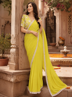 Load image into Gallery viewer, Georgette Embroidery Work Saree With Unstitched Blouse(Lemon Yellow)