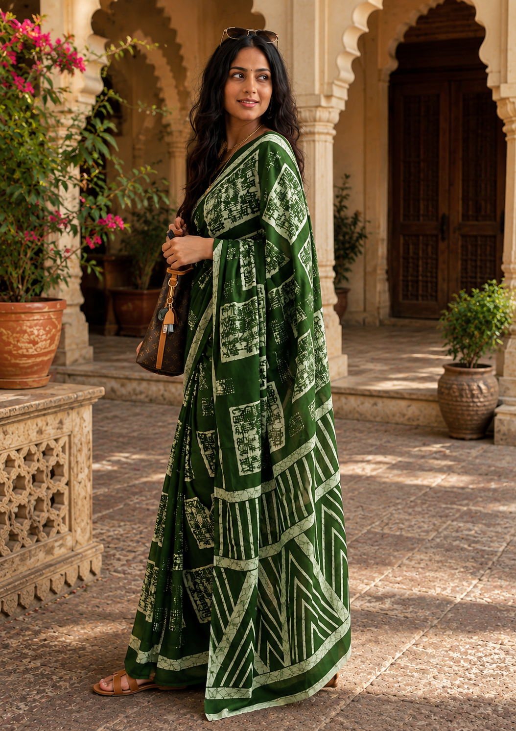 Mulmul cotton batik hand block print saree with unstitched blouse(green)