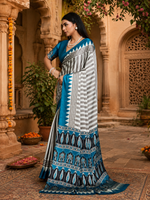 Load image into Gallery viewer, Satin Silk Ajrakh Print Saree With Unstitched Blouse(Blue)