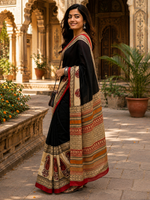 Load image into Gallery viewer, Mulmul Cotton Printed Saree With Unstitched Blouse(Black)