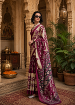 Load image into Gallery viewer, Crepe Silk Patola Printed Sarees With Unstitched Blouse(Wine)