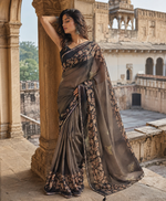 Load image into Gallery viewer, Premium Georgette Floral Print Saree With Unstitched Blouse(Brown)