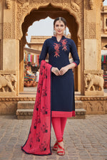 Load image into Gallery viewer, Women's Modal Silk Unstitched Salwar-Suit Material With Dupatta (Navy Blue, 2-2.5mtrs) Kashvii