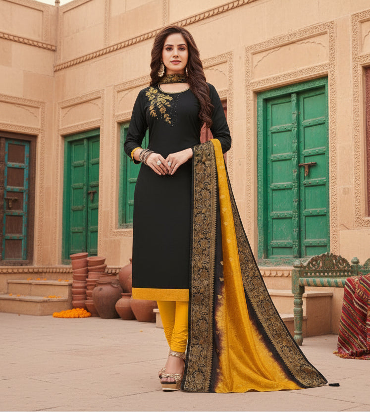 Women's slub cotton unstitched salwar suit material with dupatta (black, 2 2
