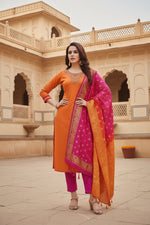 Load image into Gallery viewer, Women's Slub Cotton Unstitched Salwar-Suit Material With Dupatta (Oranage, 2-2.5mtrs) Kashvii
