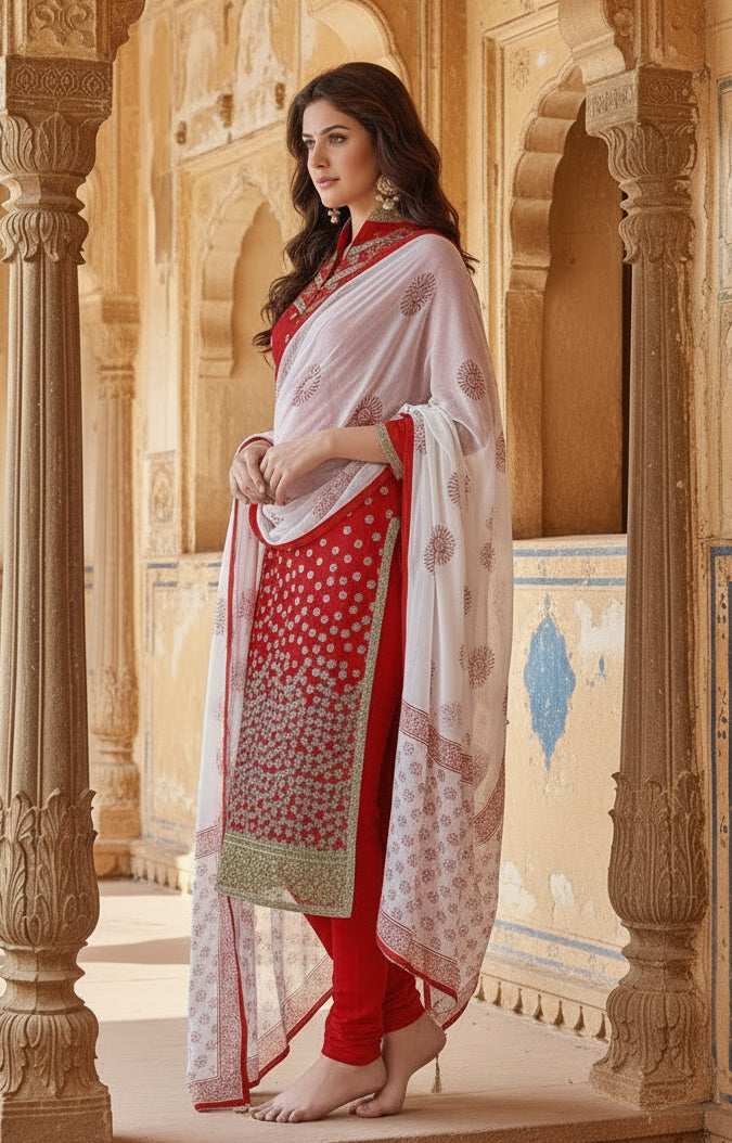 Women's cotton unstitched salwar suit material with dupatta (red, 2 2