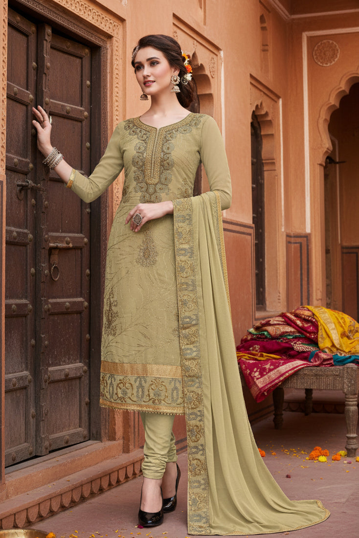 Women's chanderi cotton unstitched salwar suit material with dupatta (light green, 2 2