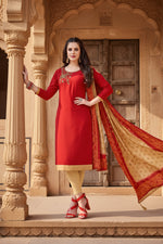 Load image into Gallery viewer, Women's Slub Cotton Unstitched Salwar-Suit Material With Dupatta (Red, 2-2.5mtrs) Kashvii