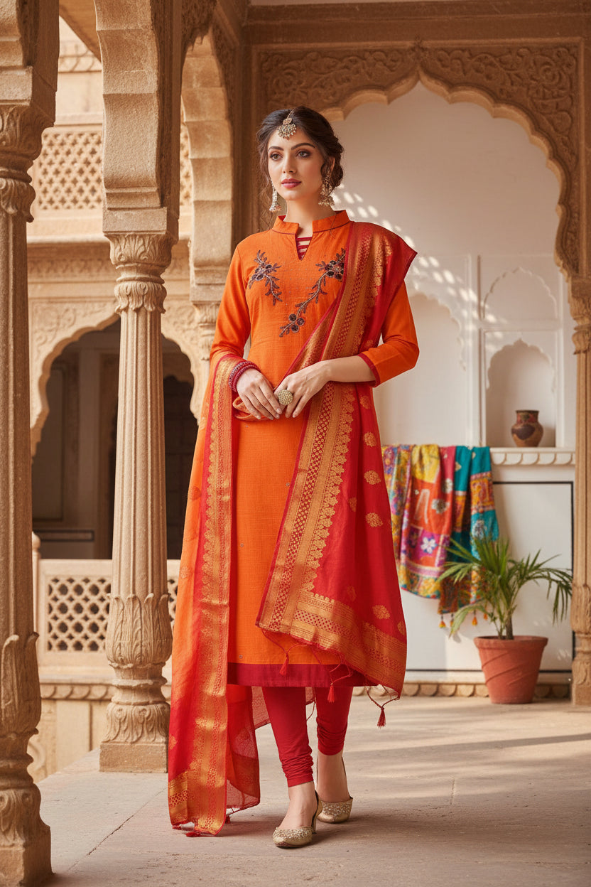 Women's south slub cotton unstitched salwar suit material with dupatta (oranage, 2 2