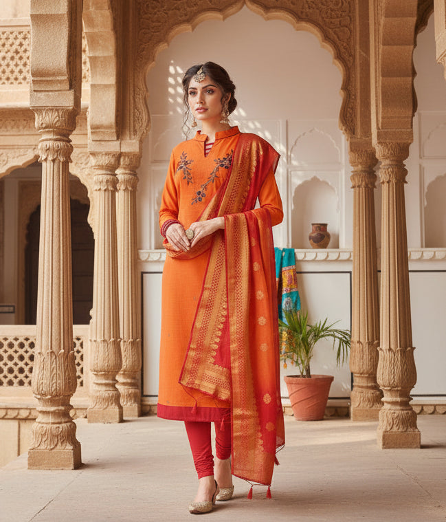 Women's south slub cotton unstitched salwar suit material with dupatta (oranage, 2 2