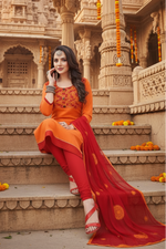 Load image into Gallery viewer, Women's Slub Cotton Unstitched Salwar-Suit Material With Dupatta (Oranage, 2-2.5mtrs) Kashvii