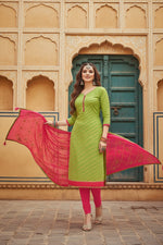 Load image into Gallery viewer, Women's Banarasi Jacquard Unstitched Salwar-Suit Material With Dupatta (Green, 2-2.5mtrs) Kashvii