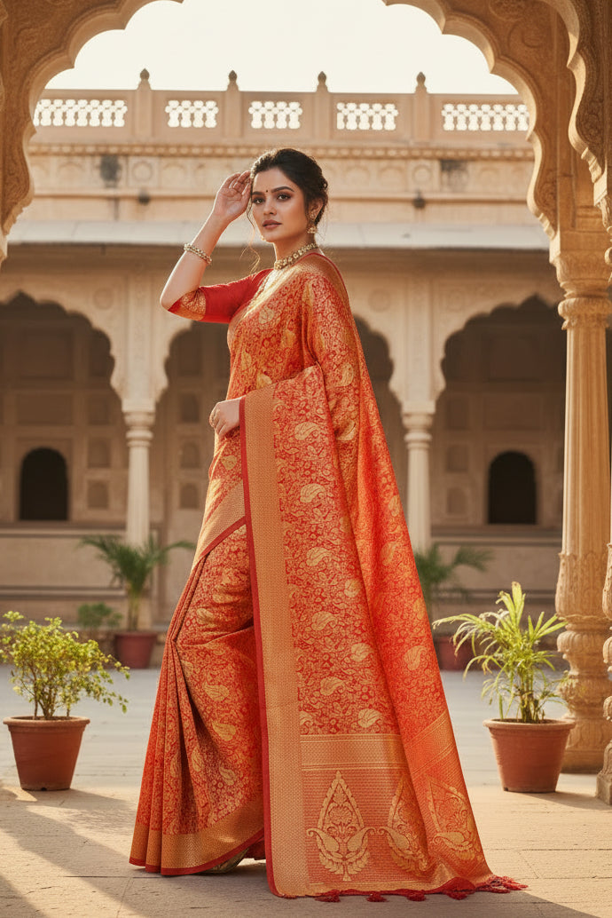Women's banarasi silk saree with blouse (red, 5 6mtr) kashvii