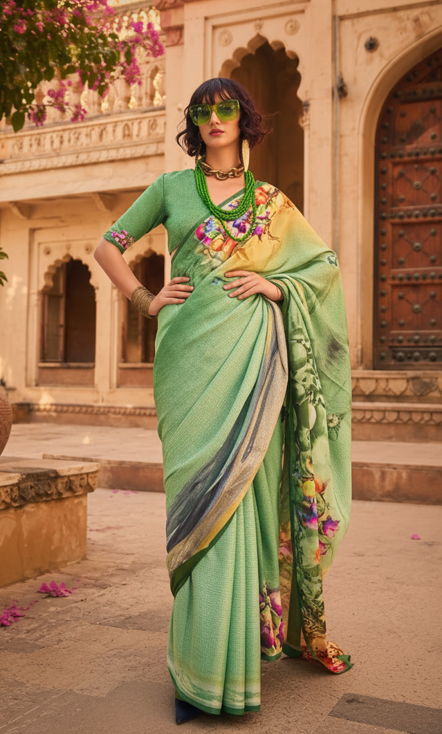 Swiss satin silk digital printed saree with unstitched blouse(green)