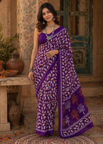 Load image into Gallery viewer, Pure Mulmul Cotton Printed Saree With Unstitched Blouse(Purple)