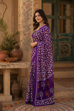 Load image into Gallery viewer, Pure Mulmul Cotton Printed Saree With Unstitched Blouse(Purple)