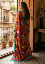 Load image into Gallery viewer, Mulmul Cotton Floral Printed Saree With Unstitched Blouse(Orange)