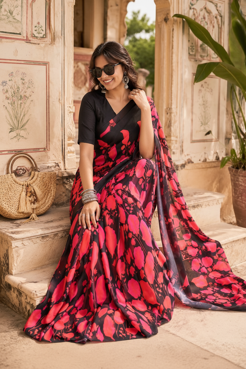 Elegant soft satin georgette saree with unstitched blouse(red&black)