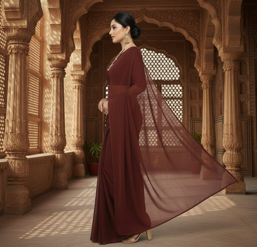 Women's georgette plain saree with blouse (coffee, 5 6 mtrs) kashvii