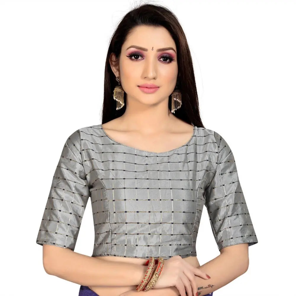 Women's brocade, inner cotton full stitched padded blouse (light gray ) kashvii