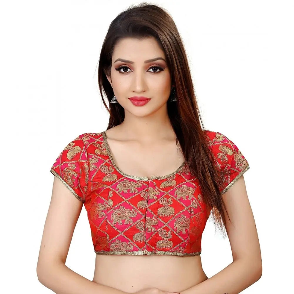 Women's brocade, inner cotton full stitched padded blouse (red) kashvii
