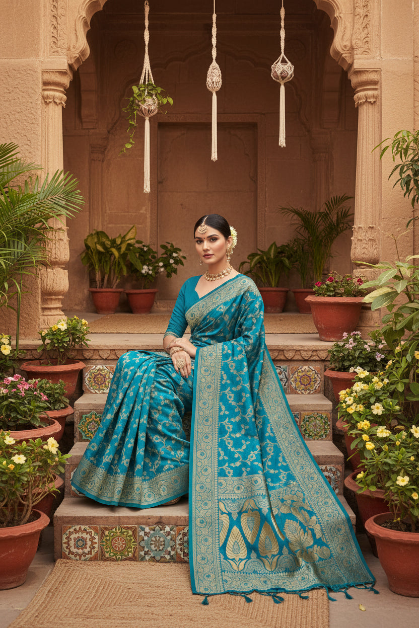 Women's banarasi silk saree (sky blue, 5 6mtrs) kashvii