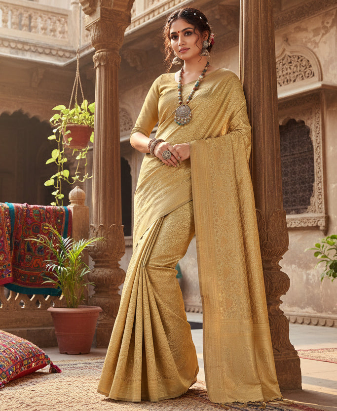 Women's banarasi silk saree (cream, 5 6mtrs)