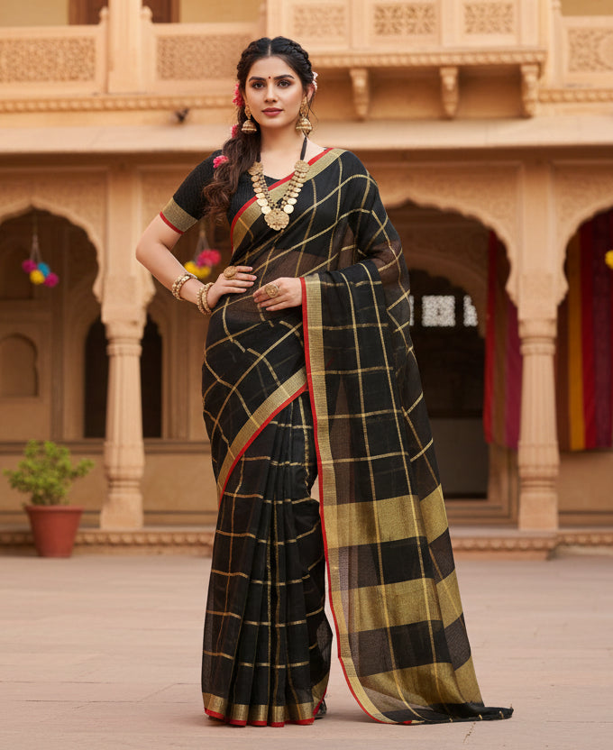 Women's kota doria cotton saree with blouse (black,6 3 mtrs) kashvii
