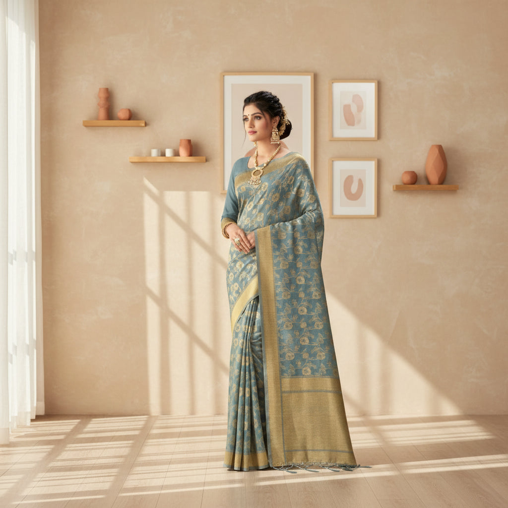 Women's banarasi (spun cotton) saree (grey,5 6 mtrs) kashvii