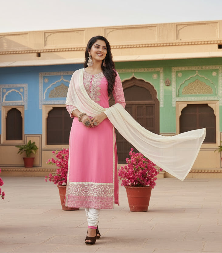 Women's georgette unstitched salwar suit material with dupatta (pink & white,2